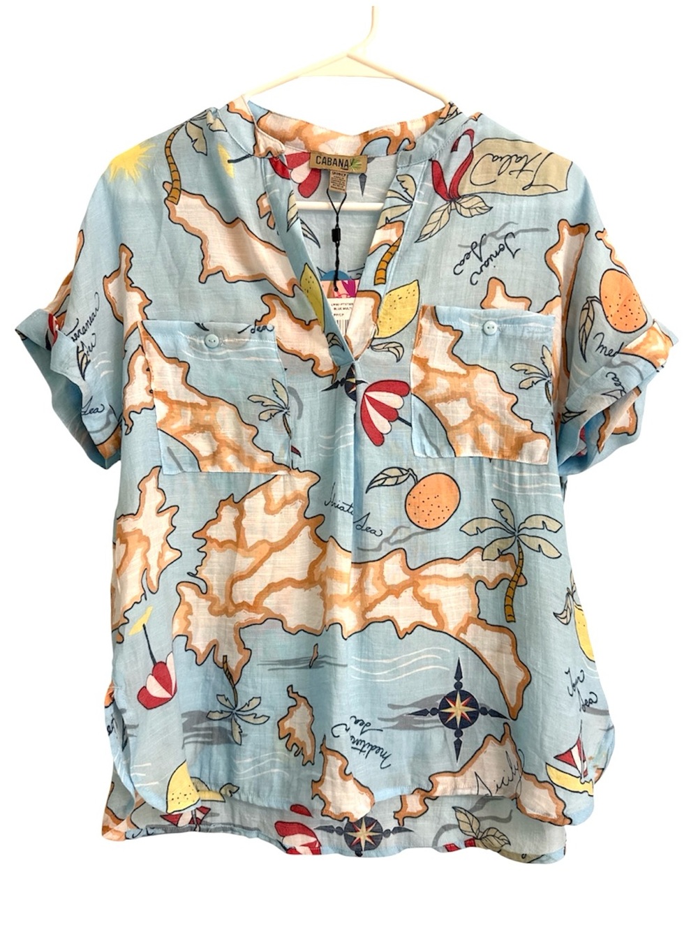 Cabana Living Light Blue Tropical Print Short Sleeve Tunic size Small